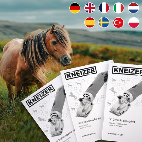 KNEIZER Máquina de cortar caballos, set completo con accesorios – con cuchillas intercambiables – silenciosa y con pocas vibraciones